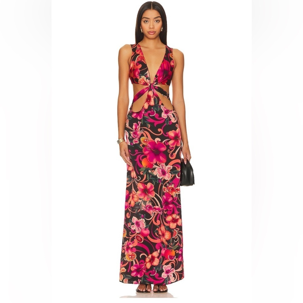 NWT Revolve x CIN CIN Vega Cutout Maxi Dress Hibiscus Pink Floral Size S